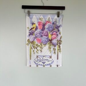 Signed Garden Flag Outdoor 12x18 Multicolor Floral Hydrangea Welcome Bird